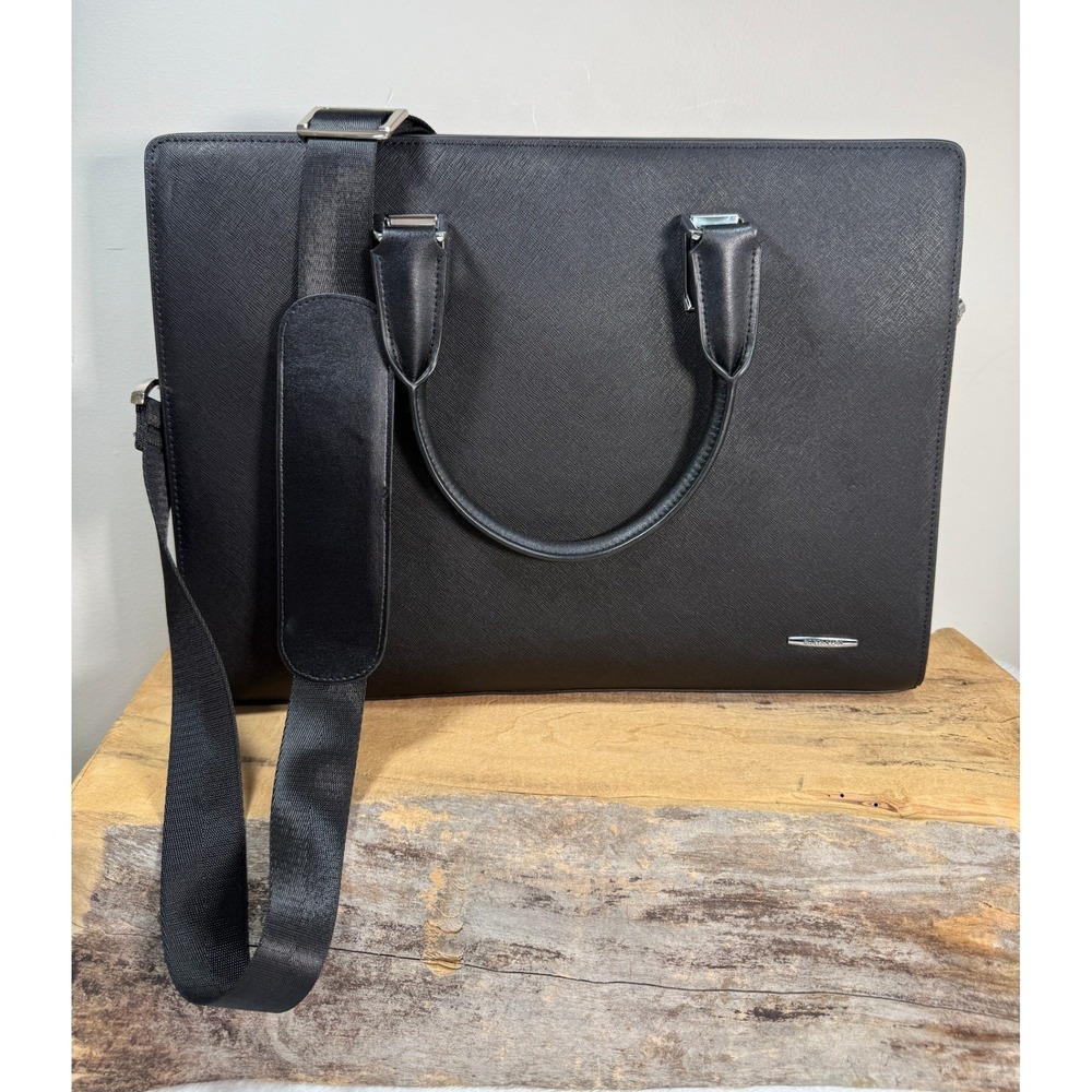 Bostanten Black Saffiano Leather Briefcase Laptop Bag Professional Slim 16in